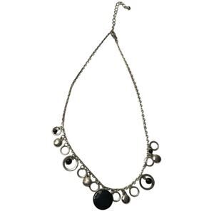 Silver Tone Circle Dangle Necklace Black Beads Modern 16”